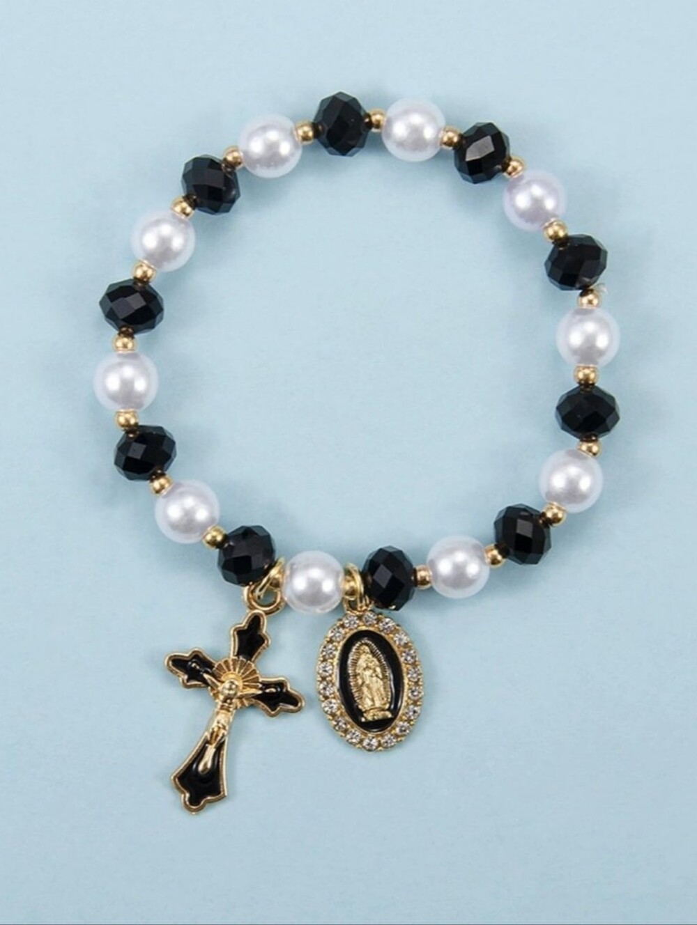 Gold Cross and Medal Beaded Stretch Bracelet - Black & White